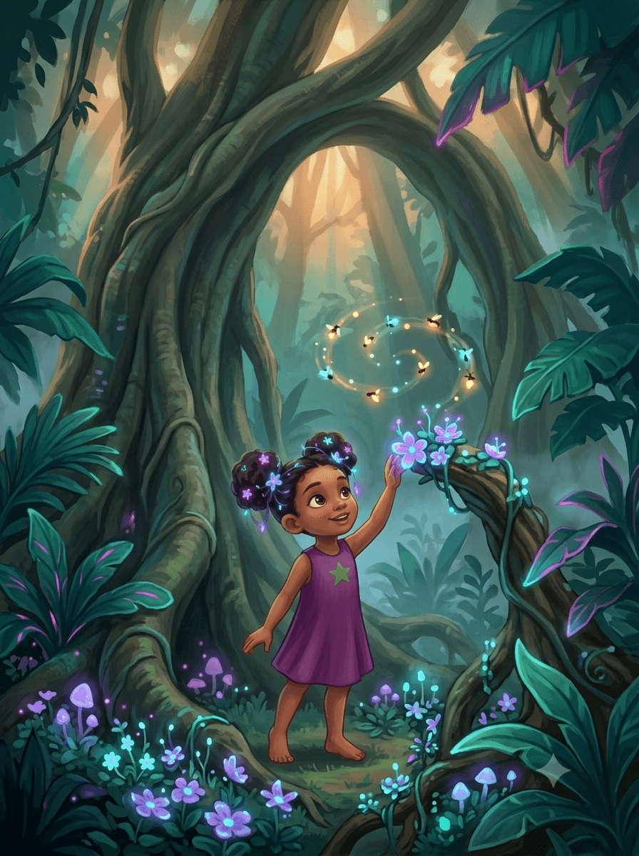 Amara reaching toward glowing flowers at the base of a tall tree, fireflies circling above her