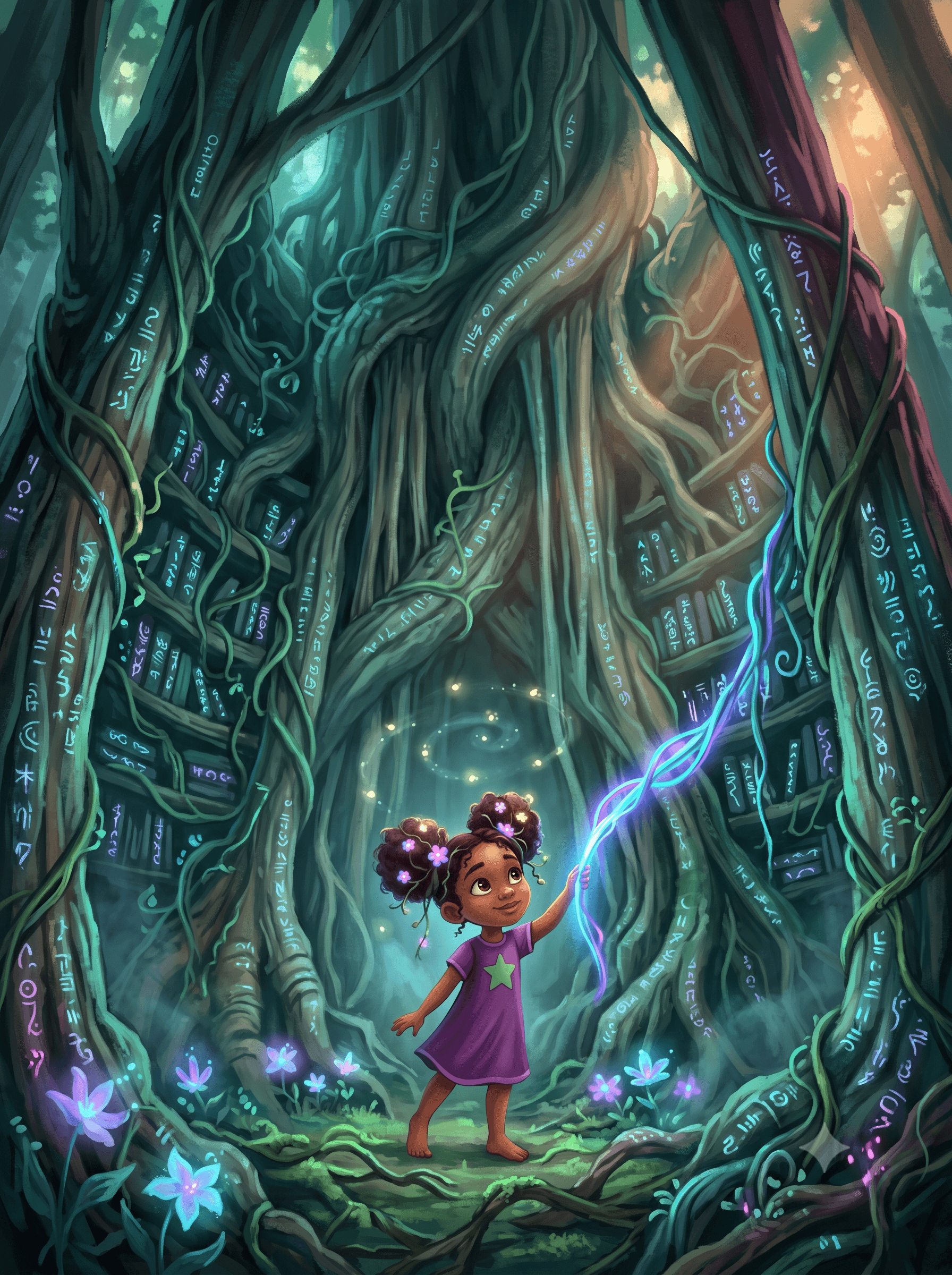 The same Amara touching a glowing vine inside the hollow of an ancient, symbol-carved tree