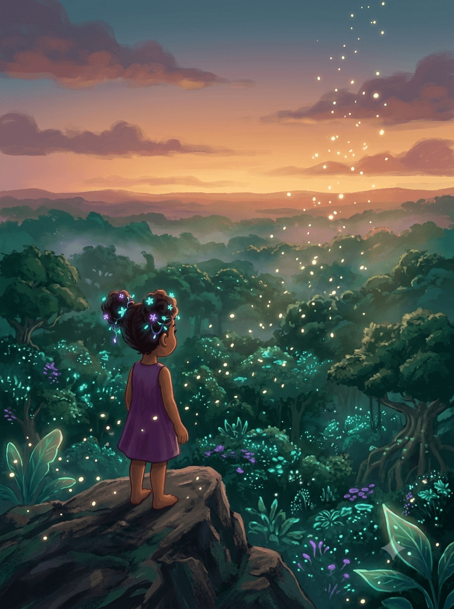 The same Amara standing on a rock ledge at dusk, looking out over a glowing jungle canopy