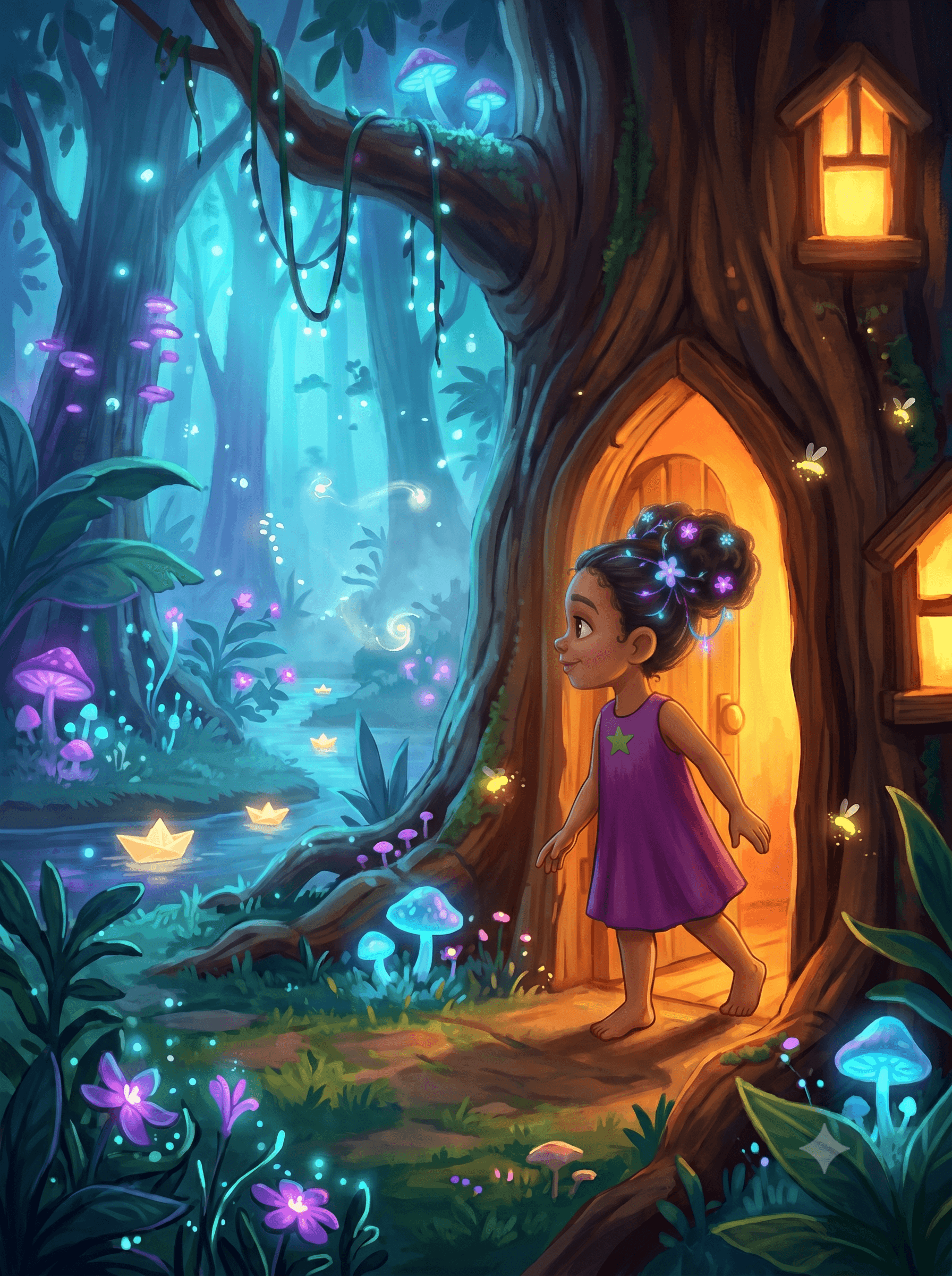 The same Amara stepping through a glowing doorway built into a tree trunk